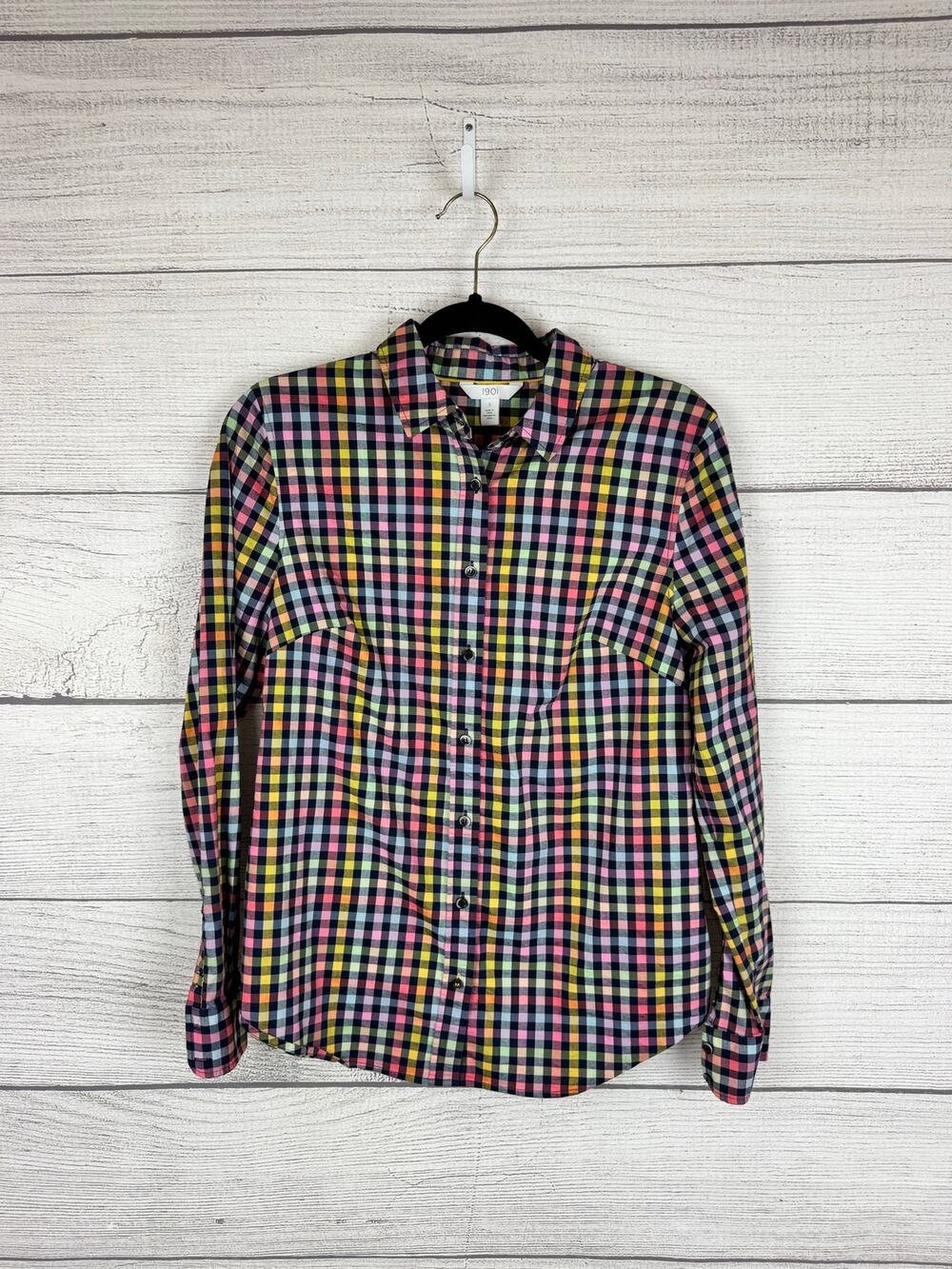 1901 Women's Colorful Gingham Button Up Long Sleeve Top Size Small